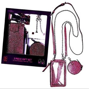NEW Womens Cellphone Crossbody Purse Pink Metallic 3Pc GiftSet Bag + Accessories